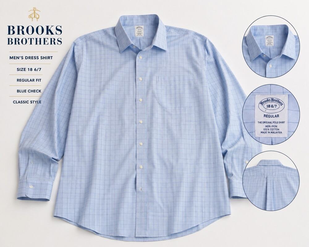 Brooks Brothers 1818 Regent Dress Shirt Mens 18-6/7 Blue Check Non Iron Cotton